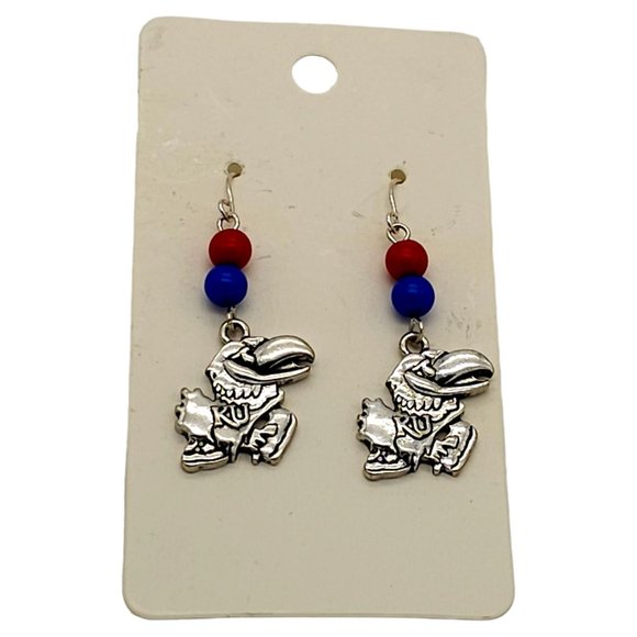 KU Jayhawks University of Kansas Earrings Red Blue Silver Tone F26 - Picture 4 of 5